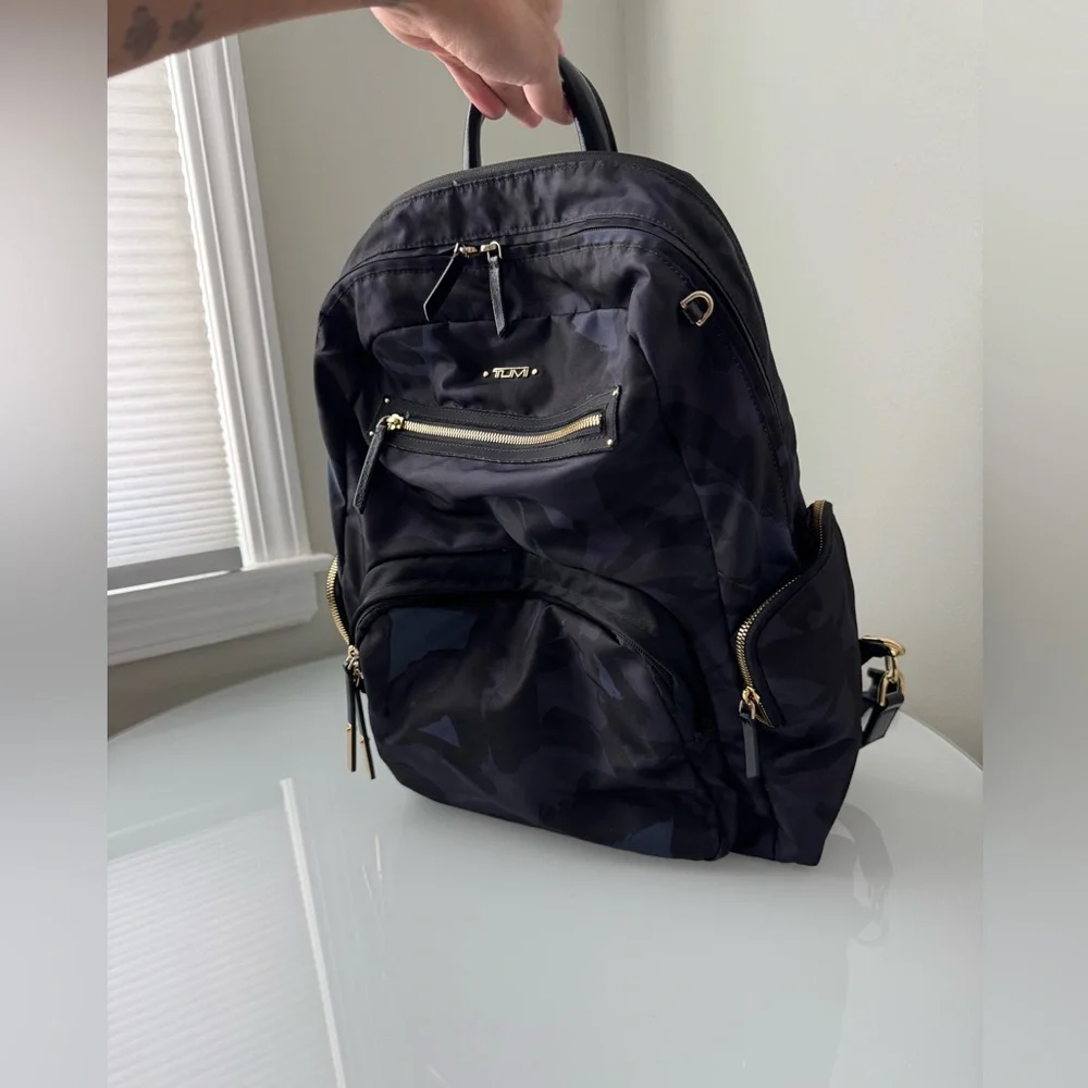 TUMI Backpack Black Camo Nylon Gold Hardware Blue Purple Accents GUC